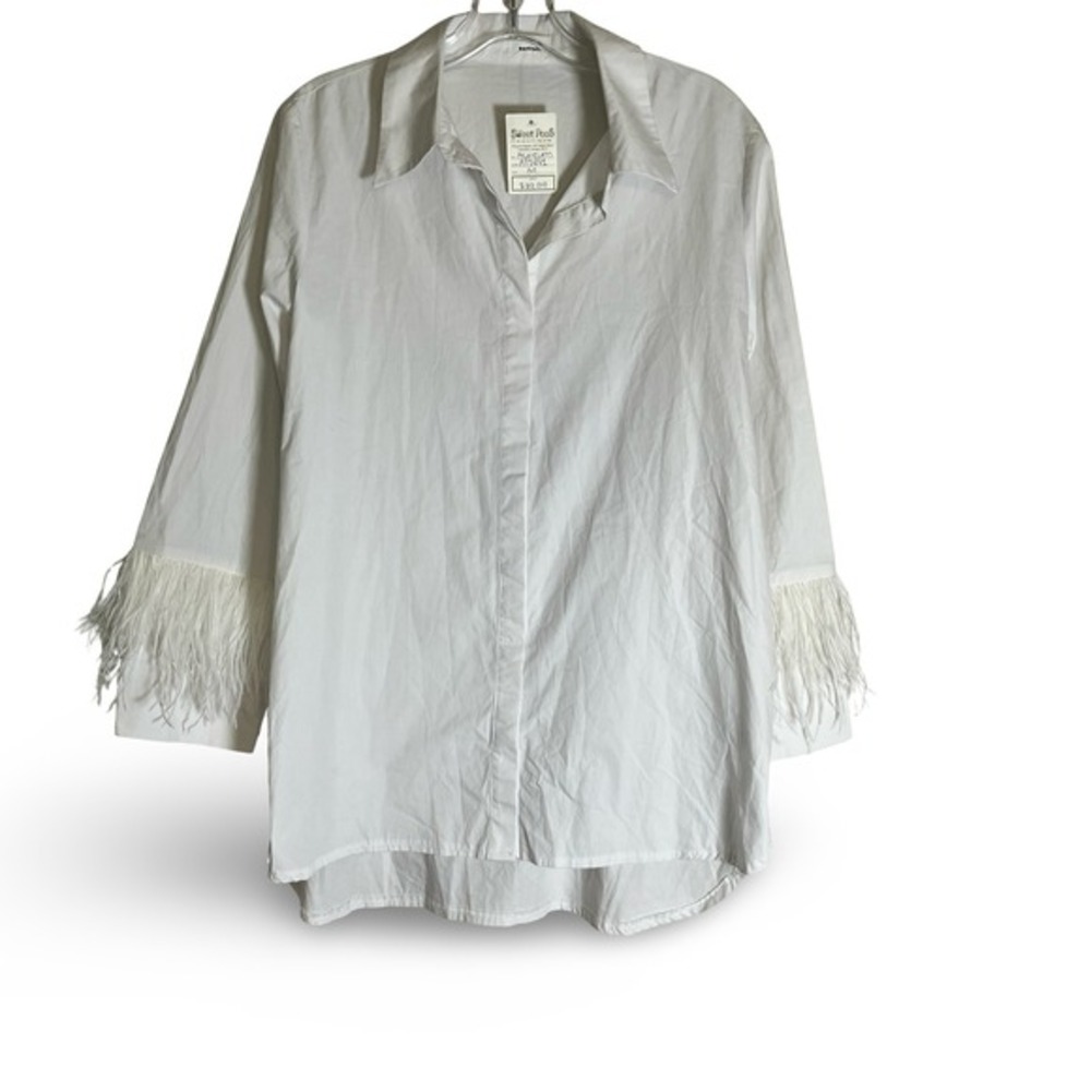 Aureum Y2K White Feather Cuff Long Sleeve Button‎ Down Shirt